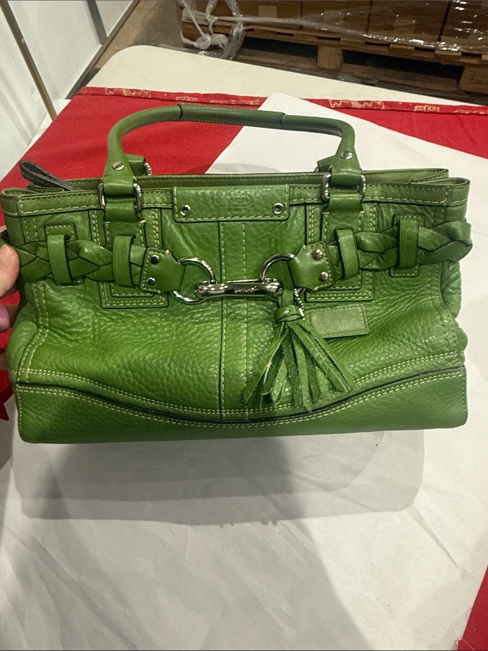 Coach Green Leather Satchel with Braided Trim and Tassel